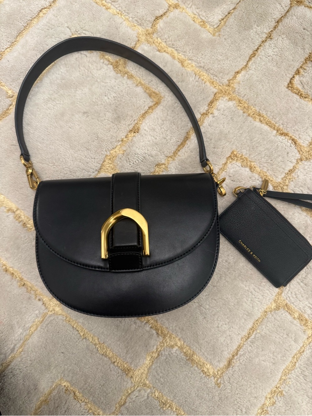 Charles & Keith Black Shoulder Bag with Gold Accent and wallet included